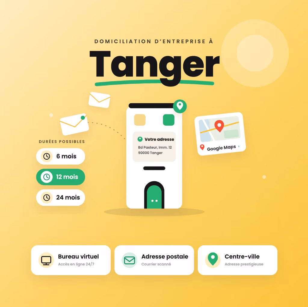 Domiciliation d'entreprise à Tanger avec ComptaGo : adresse de siège social prestige centre-ville (Bd Pasteur), gestion et numérisation du courrier, localisation Google Maps, formules 6, 12 et 24 mois, bureau virtuel et adresse postale professionnelle.